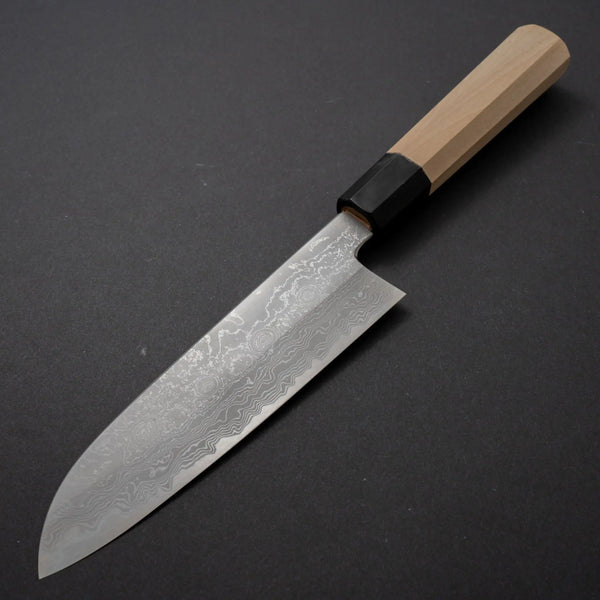 Hitohira Gorobei Kyuzo White #2 Damascus Santoku Ho Wood Handle - Tetogi