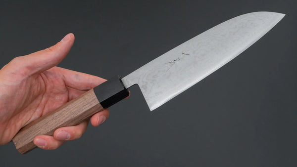 Hitohira Harima Forged Blue #2 Nickel Damascus Santoku Walnut Handle - Tetogi