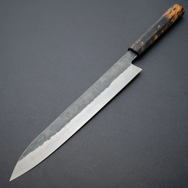Isamitsu White 1 Stainless Clad Kurouchi Sujihiki 270mm Black and White Ebony Handle - Tetogi