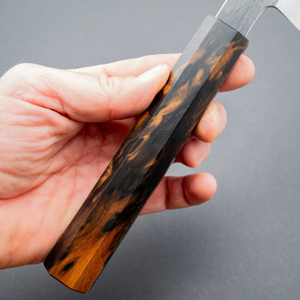 Isamitsu White 1 Stainless Clad Kurouchi Sujihiki 270mm Black and White Ebony Handle - Tetogi