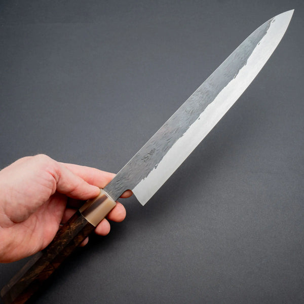 Isamitsu White 1 Stainless Clad Kurouchi Sujihiki 270mm Riisgaard Walnut Handle - Tetogi