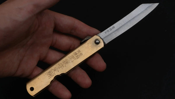 Higonokami Blue Steel Folding Knife Large Brass Handle - Tetogi