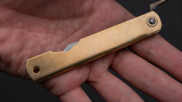 Higonokami Blue Steel Folding Knife Medium Brass Handle - Tetogi