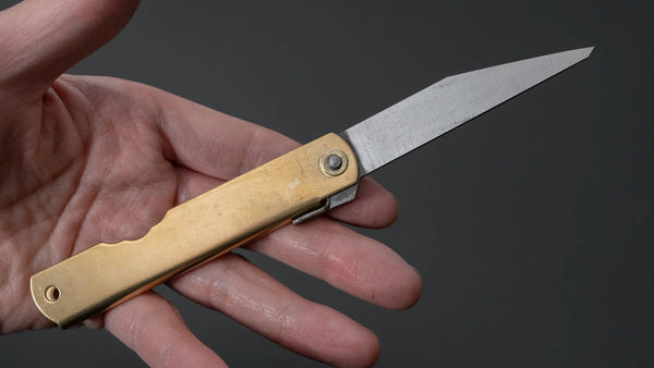 Higonokami Blue Steel Kiridashi Folding Knife Large Brass Handle - Tetogi