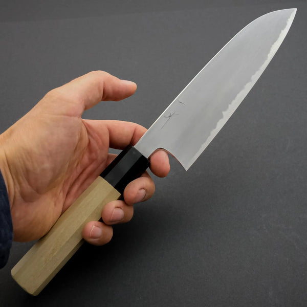 Hitohira Gorobei Rikichi White #2 Kasumi Santoku Ho Wood Handle (Black ferrule) - Tetogi