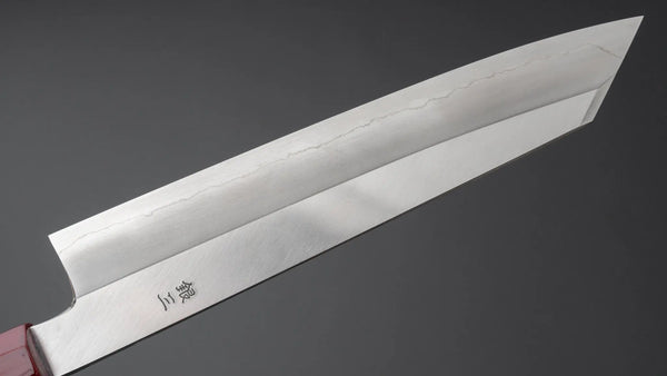 Hitohira Kikuchiyo Kyuzo Silver #3 Migaki Kiritsuke Gyuto 210mm Lacquered Handle (Black and Red) - Tetogi